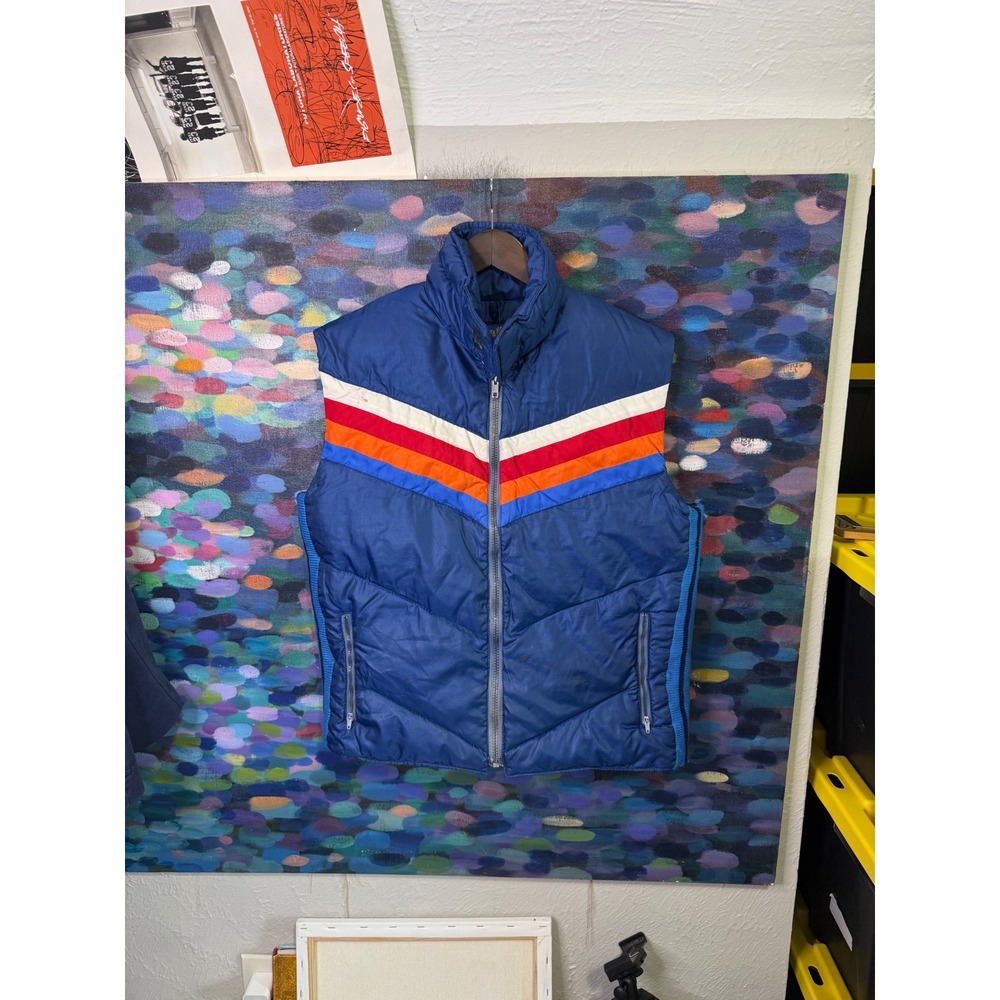 Vintage Antler Mens Blue Puffer Vest Down Filled Striped Chevron Zip Up Medium
